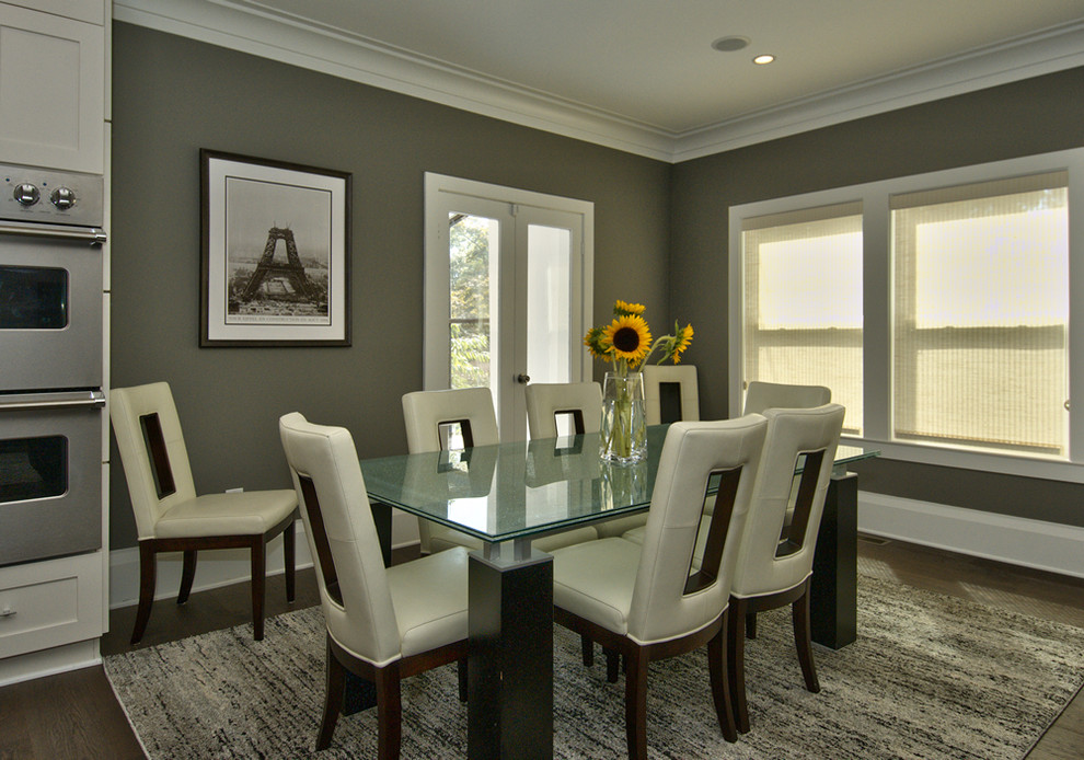 Mid-sized transitional l-shaped dark wood floor open concept kitchen photo in DC Metro with an undermount sink, shaker cabinets, white cabinets, quartz countertops, beige backsplash, porcelain backsplash, stainless steel appliances and an island