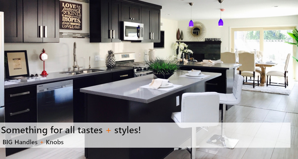 Kitchen - contemporary porcelain tile and white floor kitchen idea in Toronto with an undermount sink, shaker cabinets, black cabinets, quartzite countertops, white backsplash, stainless steel appliances and beige countertops