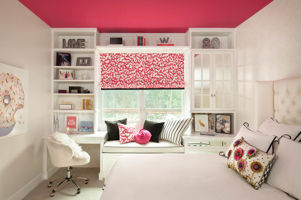 Design ideas for a transitional kids' room for girls in San Francisco with white walls and carpet.