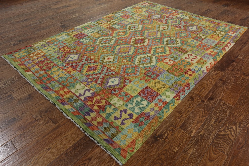 Geometric Multicolor Flat Weave Kilim Rug 7x10, P4455, 6'10"x9'11