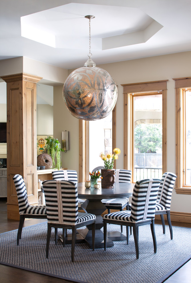 Transitional dark wood floor dining room photo in Denver with yellow walls and no fireplace