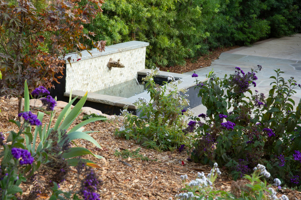 Inredning av en modern trädgård, med en fontän