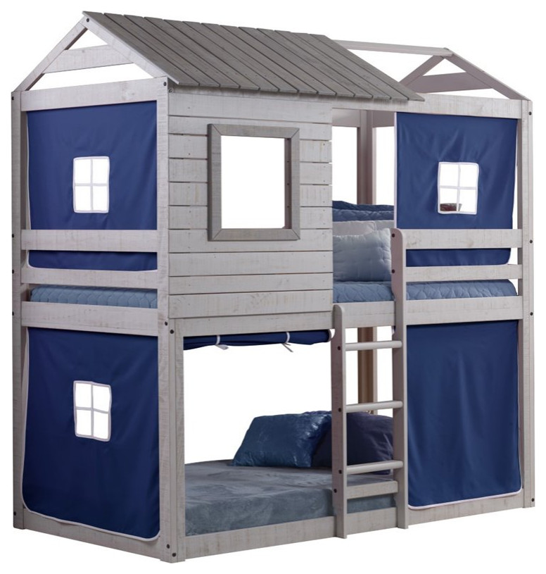 Donco Kids Deer Blind Twin Over Twin Solid Wood Bunk Bed with Blue Tent in Gray
