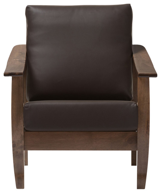 Pierce Mid-Century Modern Walnut Brown Wood and Dark Brown Faux Leather...
