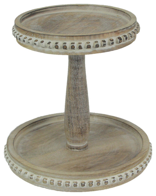 Rustic Beaded Wood Tiered Pedestal Decorative Display Tray Serving