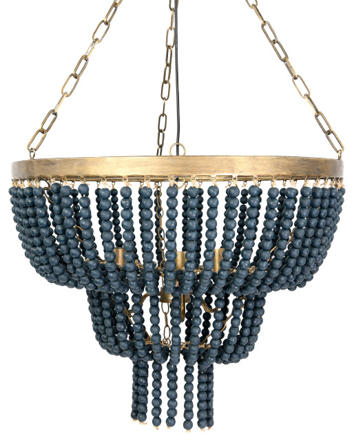 Iron Pendant Light With Blue Wood Beads Transitional Chandeliers