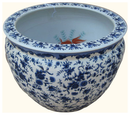 Oriental Blue & White Porcelain Fish Bowl Planter Glazed 1000 Flowers Pattern