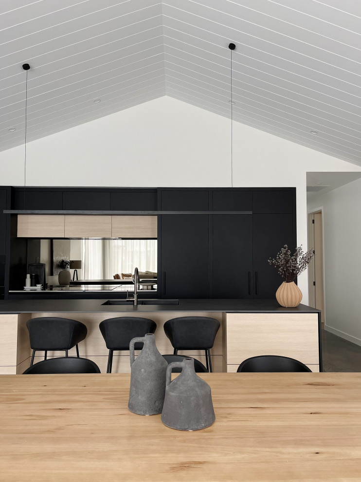 Large trendy galley concrete floor, black floor and vaulted ceiling eat-in kitchen photo in Hamilton with an undermount sink, flat-panel cabinets, black cabinets, solid surface countertops, black backsplash, mirror backsplash, paneled appliances, an island and black countertops