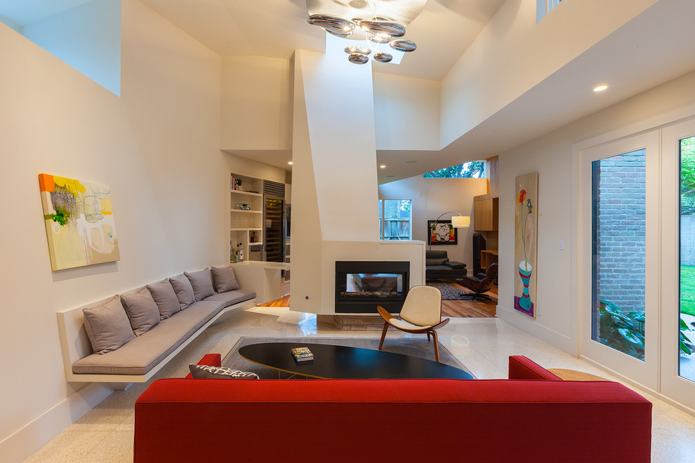 Living room - large contemporary formal and open concept living room idea in Houston with white walls, a two-sided fireplace, a metal fireplace and no tv