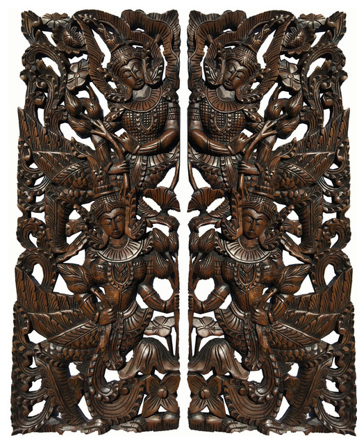 Thai Figure With Lotus Carved Wood Wall Art Panels Brown Asian Accents By Asiana Home Decor Houzz - Thai Wooden Wall Art Uk