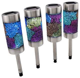 Set of 4 Multicolor Crackled Glass Solar Garden Lights - Contemporary