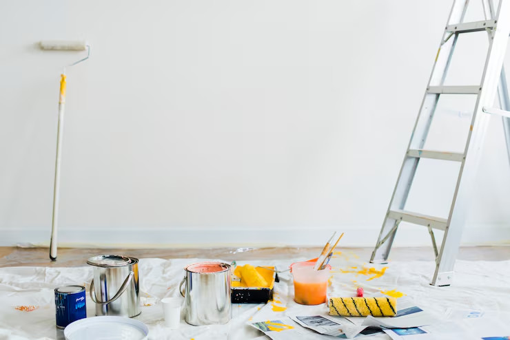 Painting supplies on a drop cloth in a bright room, with a roller, paint cans, tray, and ladder by a blank wall.