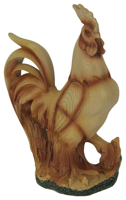 Faux Carved Standing Rooster Wood Look Statue