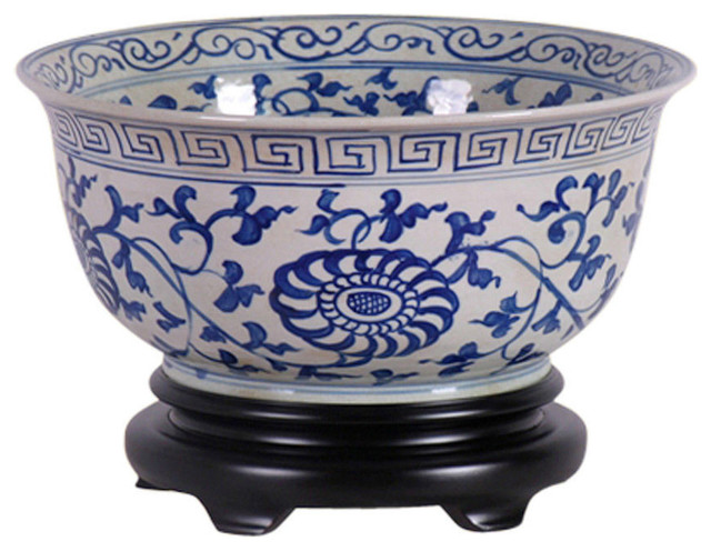 Blue And White Porcelain Fl Chinese Bowl With Stand 12 Asian Blue And White Porcelain Fl Chinese Bowl With Stand 12