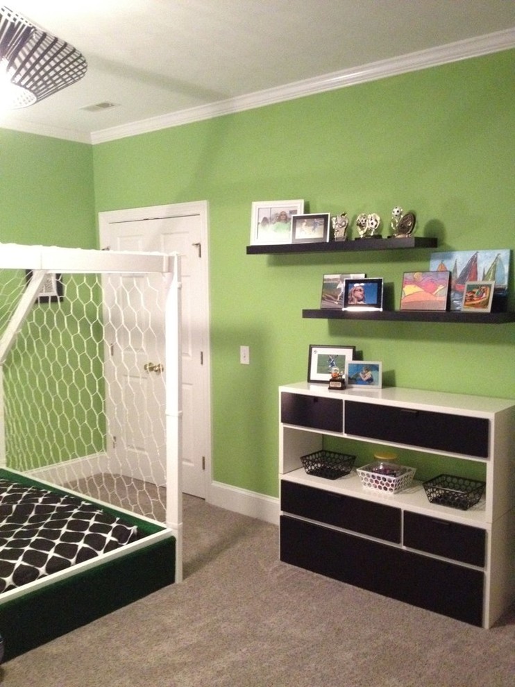 Inspiration for a mid-sized transitional gender-neutral kids' room in Charlotte with green walls and carpet.
