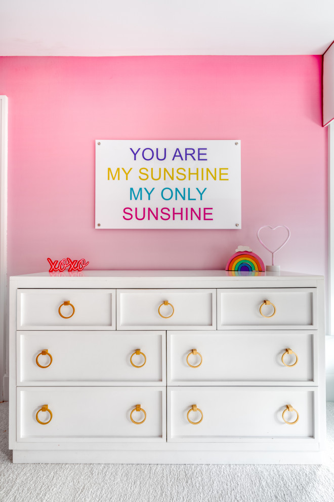 Super "Sweet" Little Girl's Bedroom - Example of a bedroom and mid-sized minimalist girl carpeted and white floor kids' bedroom design in New York with pink walls