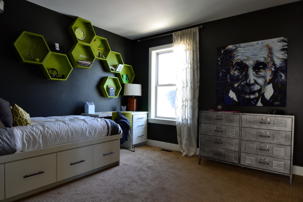 Inspiration for a mid-sized transitional kids' room for boys in Salt Lake City with black walls and carpet.