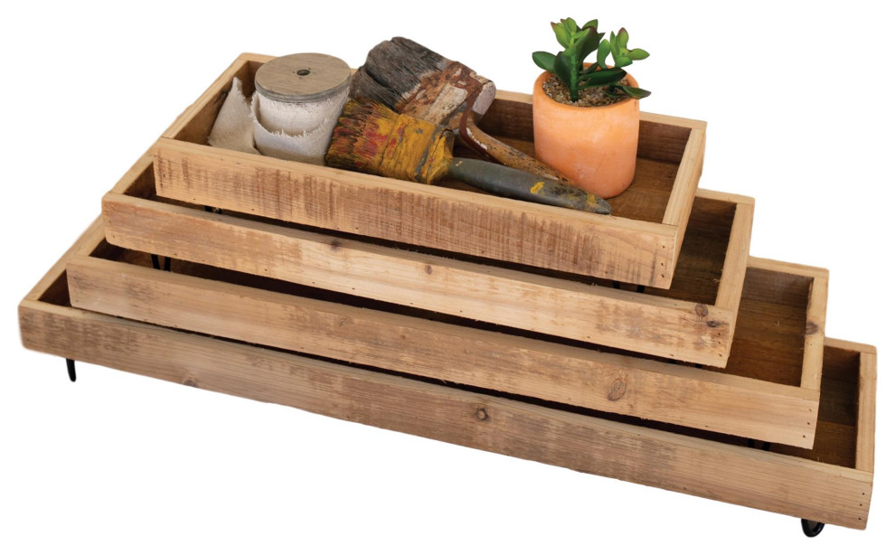 Natural Rustic Recycled Wood Rectangle Tray 4-Piece Set Stackable Metal ...
