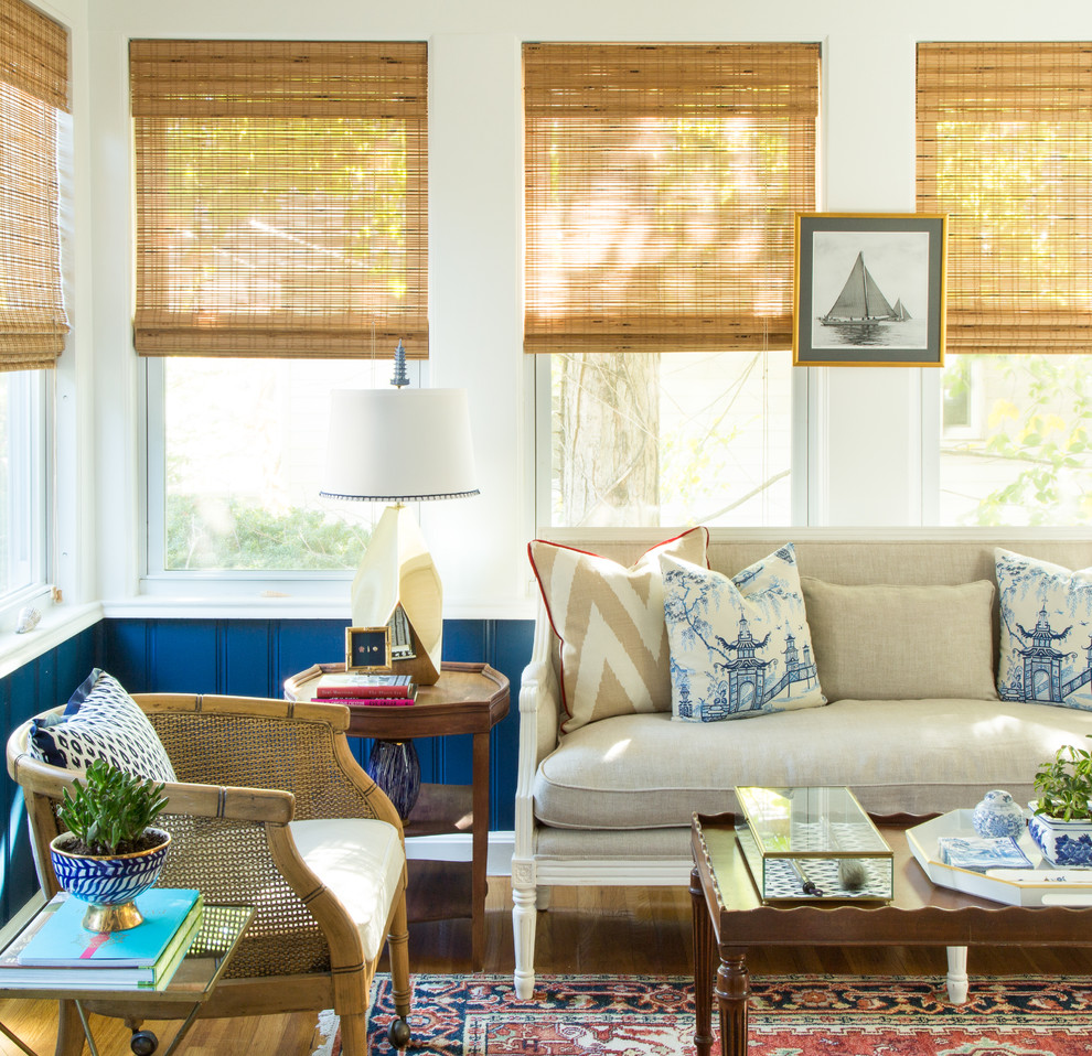 Sunroom - coastal medium tone wood floor sunroom idea in Chicago