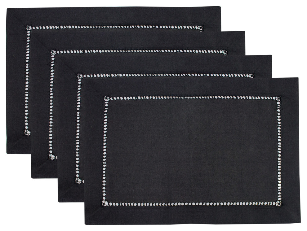 Stylish Solid Color Hemstitched Border Placemat, 13"x19" - Set of 4, Black