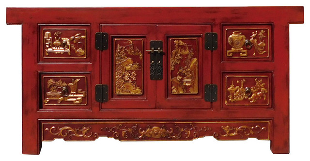 Chinese Carving Panel Rustic Red Low TV Console Cabinet Hcs1312 Chinese Carving Panel Rustic Red Low TV Console Cabinet Hcs1312 - Chinese Carving Panel Rustic Red Low TV Console Cabinet Hcs1312
