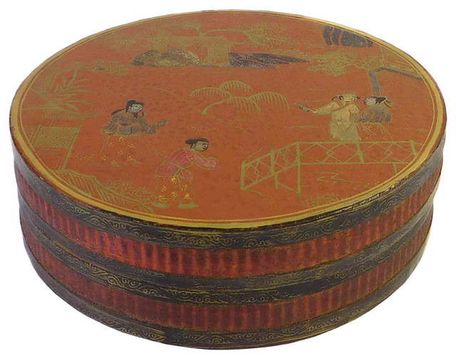 Chinese Brown Lacquer Scenery Painting Round Box Asian