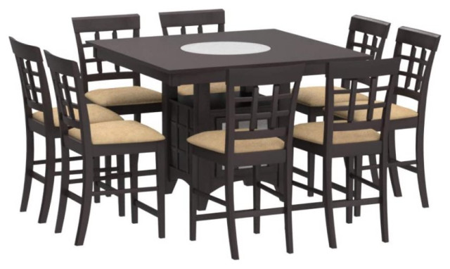 9 Pieces Counter Dining Set, Table With Frosted Glass Lazy Suzan & Wine ...