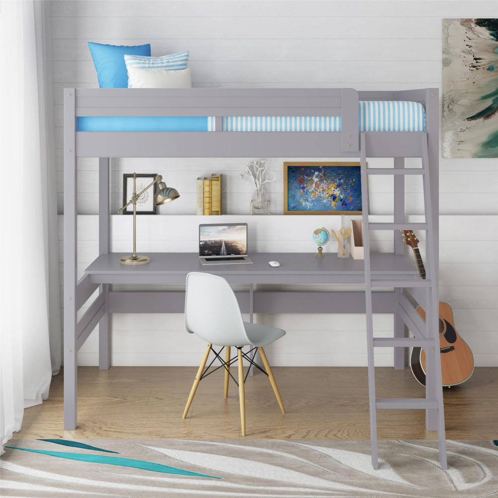 Abby Loft Bed With Desk, Gray Transitional Loft Beds by Dorel