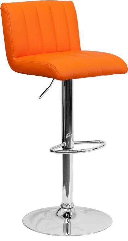 Contemporary Orange Vinyl Adjustable Height Bar Stool with Chrome Base