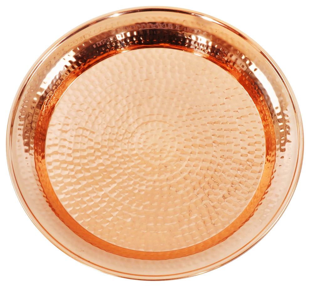 Hammered Copper Circular Tray With Rolled Edges Traditional Serving
