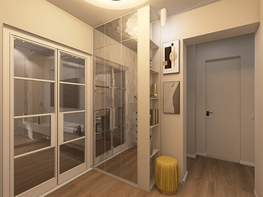 квартира в серо-бежевых тонах с яркой ванной