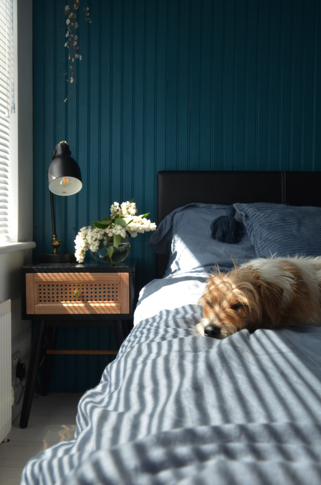 На фото: маленькая хозяйская спальня в стиле фьюжн с синими стенами, полом из ламината, белым полом и панелями на части стены без камина для на участке и в саду с