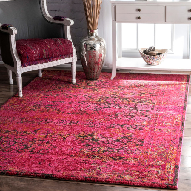 Traditional Vintage Bohemian Color Washed Floral Rug, Cherry Pink, 5'3"x7'7"