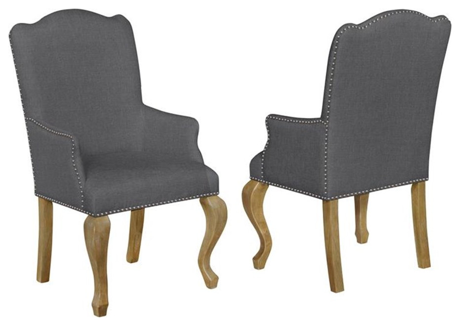 Rustic Oak Wood Dining Arm Chairs Upholstered in Gray Linen Fabric (Set