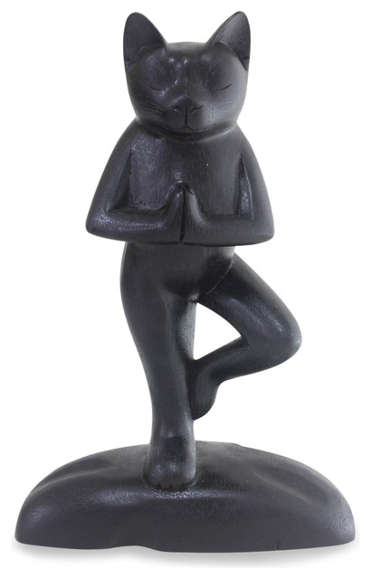 Black Cat Tree Pose Yoga Wood Sculpture