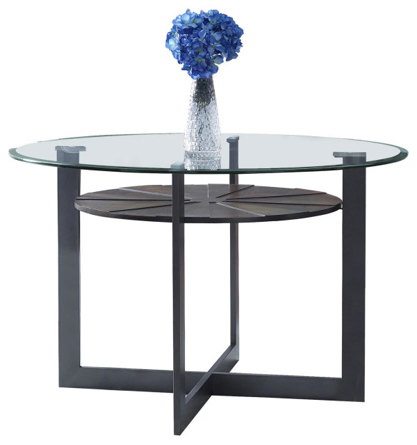 Modern Dining Table, Black Metal Base With Round Tempered Glass Top