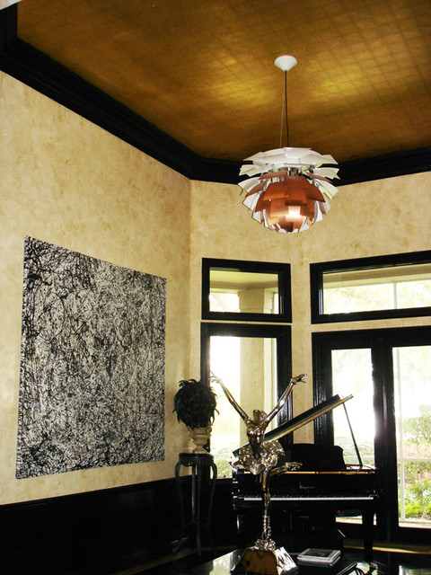 Venetian Plaster With Glossy Black Trim And Gold Leaf