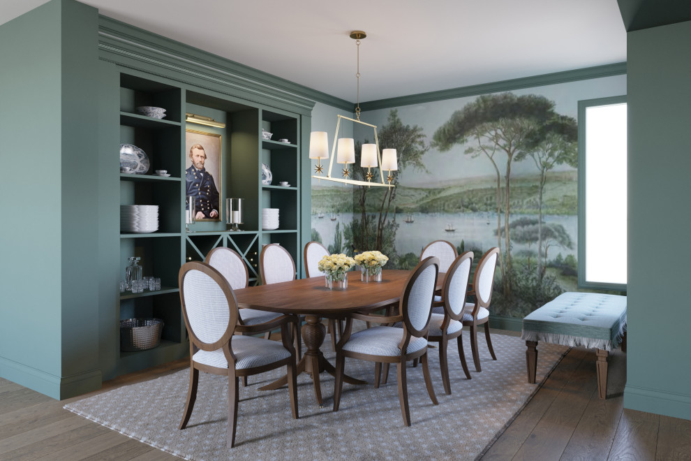 Inspiration pour une salle à manger ouverte sur le salon traditionnelle avec un mur vert, un sol en bois brun, aucune cheminée et un sol marron.
