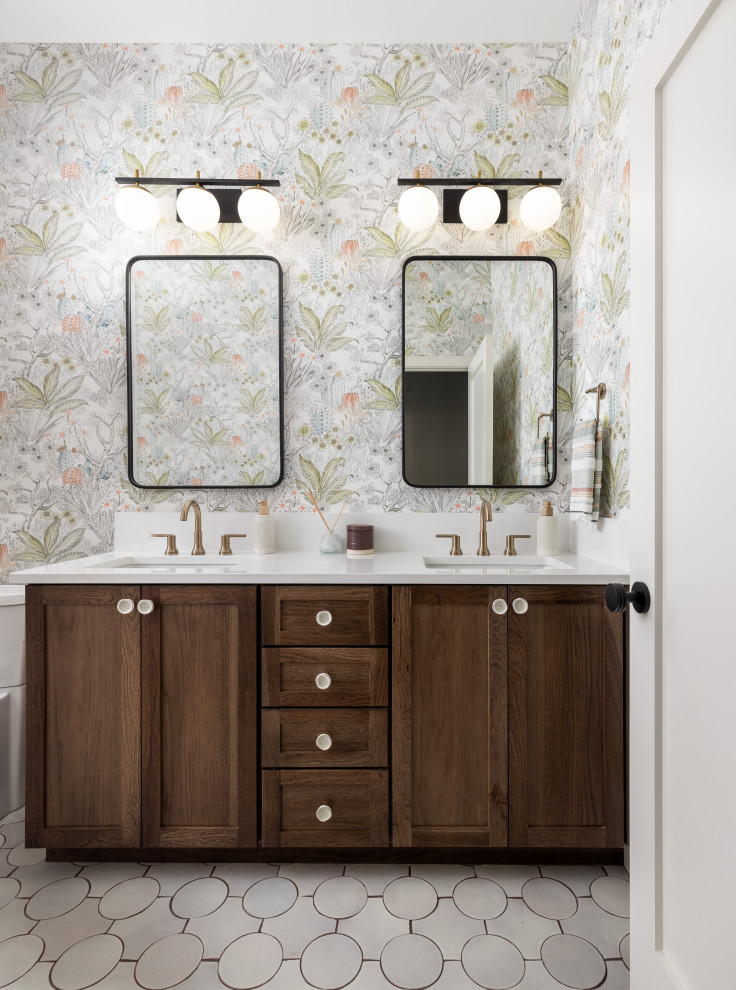 Design ideas for a mid-sized transitional bathroom in Detroit with dark wood cabinets, white benchtops, a double vanity, a built-in vanity, multi-coloured walls, terra-cotta floors, white floor, shaker cabinets and an undermount sink.