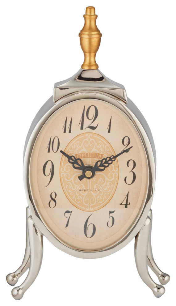 Vintage Style French Gold Table Clock Oval Silver Curved Leg Foot