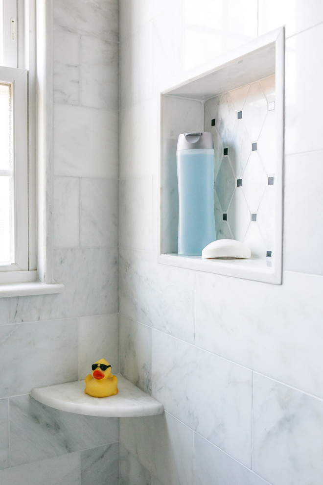 Bathroom - small traditional master blue tile and marble tile marble floor, gray floor and double-sink bathroom idea in Baltimore with shaker cabinets, white cabinets, a two-piece toilet, blue walls, an undermount sink, marble countertops, gray countertops and a niche