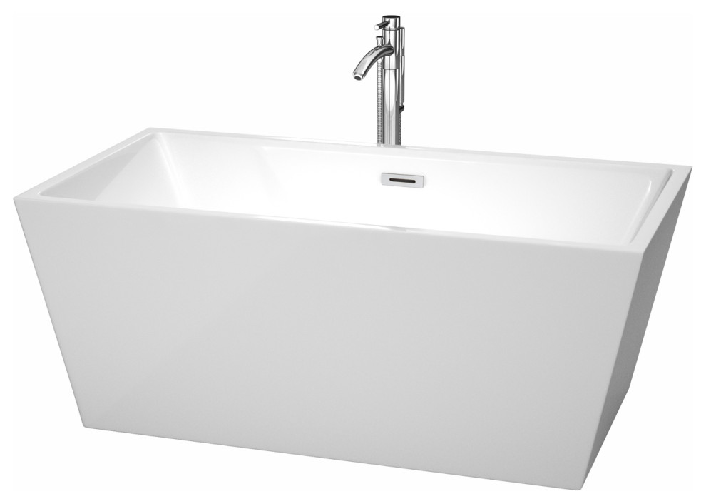 Sara 59" Freestanding White Bathtub, Polished Chrome Tub Filler & Trim Kit