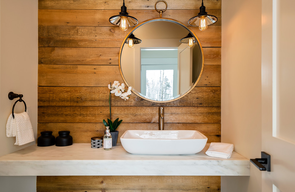 Design ideas for a country bathroom in Burlington with marble benchtops, brown walls and a vessel sink.