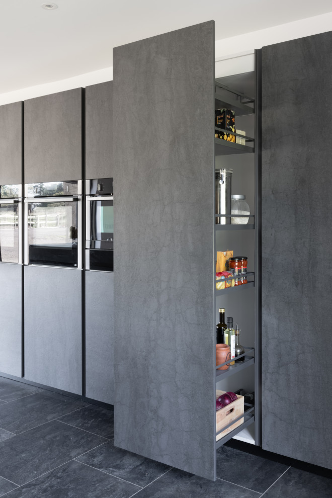 Photo of a large modern eat-in kitchen in Oxfordshire with a double-bowl sink, flat-panel cabinets, grey cabinets, panelled appliances, ceramic floors, with island and black floor.