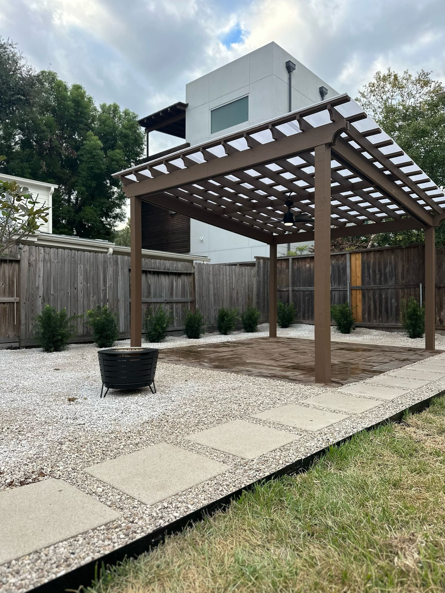 Beautiful stamped concrete patio with Pergola Cover on Haddon st!