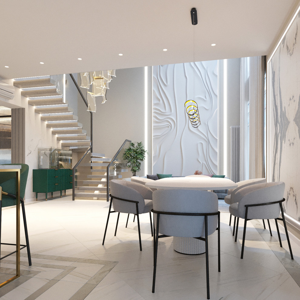 Интерьер дома, с мрамором и яркими акцентами