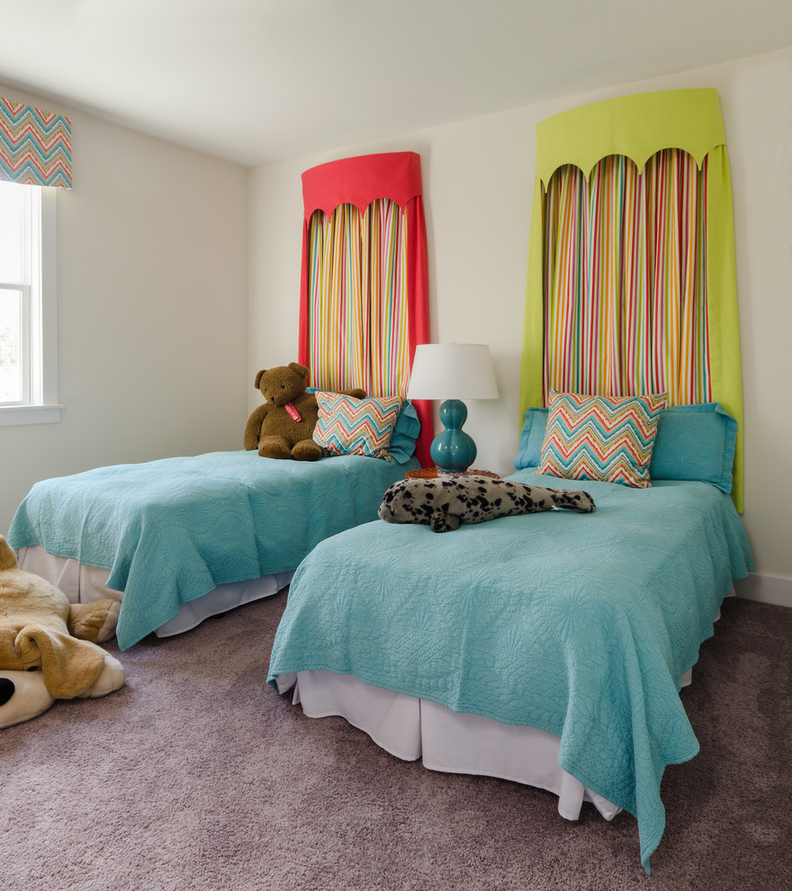 Photo of a mid-sized beach style gender-neutral kids' bedroom for kids 4-10 years old in Richmond with white walls, carpet and beige floor.