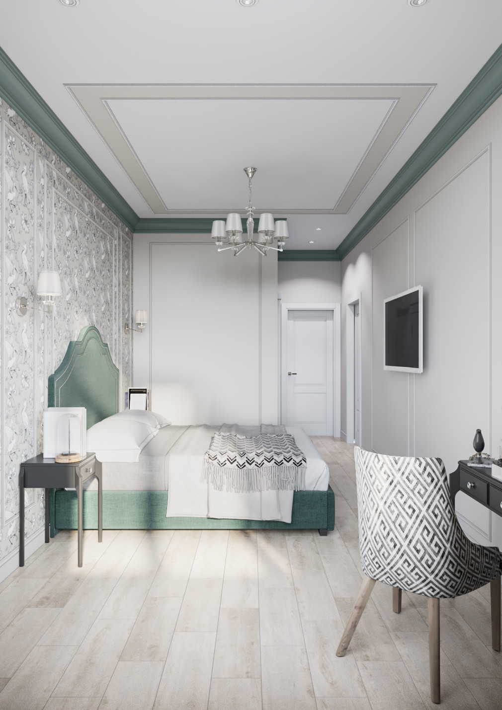 Дизайн интерьера в неоклассике с зелеными акцентами