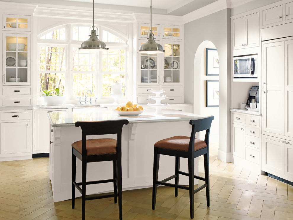 Design ideas for a traditional kitchen in Other with recessed-panel cabinets, white cabinets and panelled appliances.