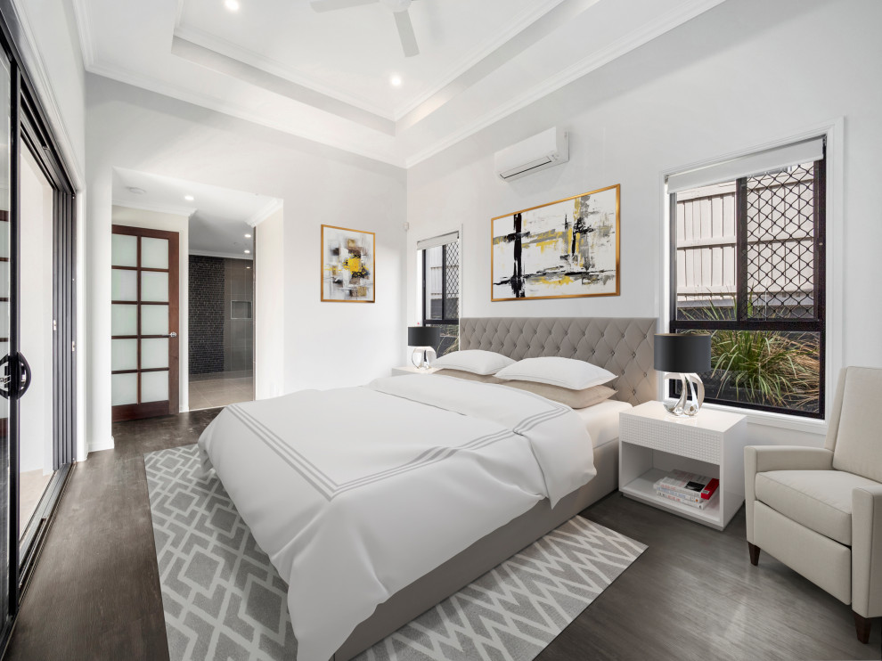 Design ideas for a modern bedroom in Brisbane.